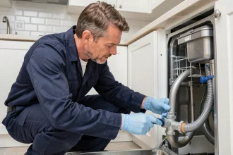 Plombier inspectant le raccord d'évacuation d'un lave-vaisselle bruyant sous la cuisine