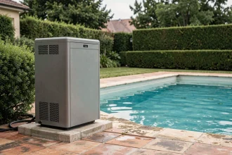 Pompe à chaleur installée au bord d'une piscine résidentielle avec carrelage en terre cuite et haies taillées
