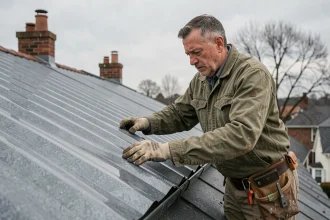 Couvreur professionnel posant une plaque de bac acier imitation zinc sur un toit en pente avec précision