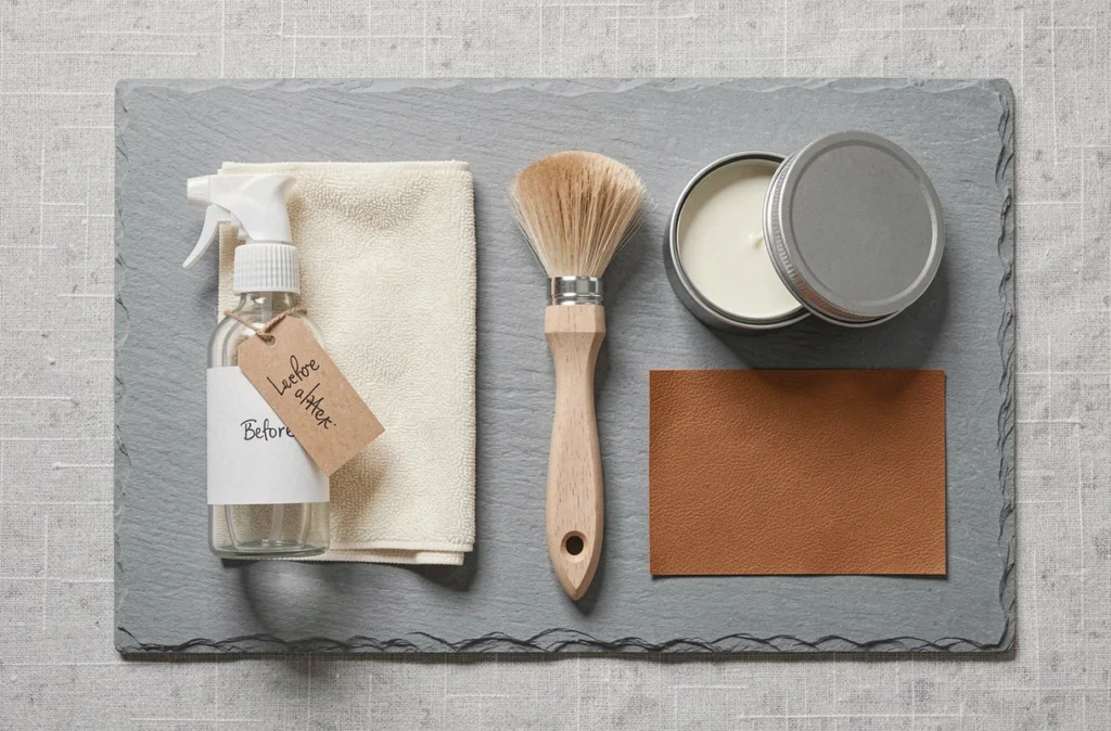 Flat lay des produits essentiels pour nettoyer un canapé en cuir : spray, chiffon microfibre, brosse douce et baume conditionneur