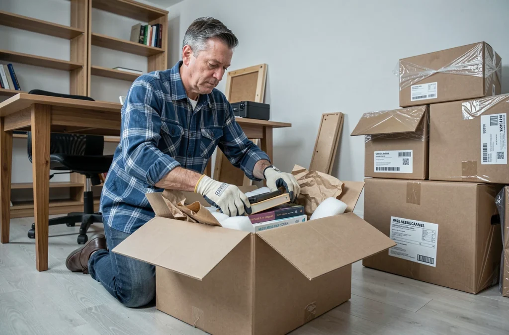 Homme rangeant des livres et des objets électroniques dans des cartons de déménagement rembourrés