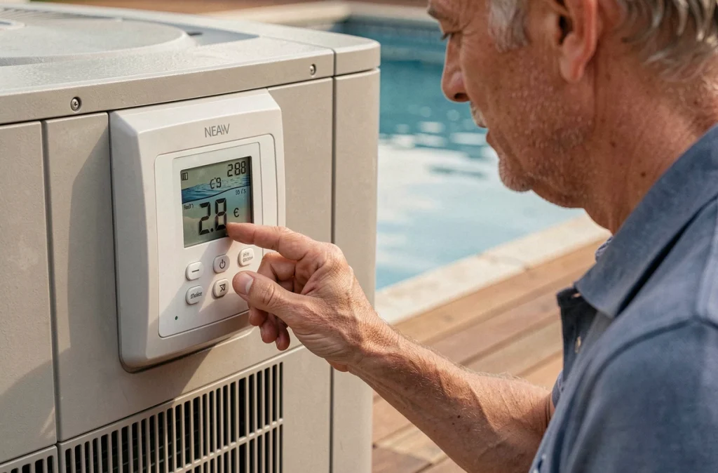 Homme réglant le thermostat numérique d'une pompe à chaleur de piscine affichant 28 degrés Celsius