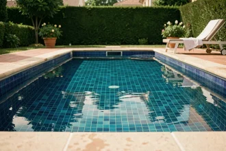 Piscine résidentielle avec revêtement en carrelage bleu cobalt influençant la couleur turquoise de l'eau