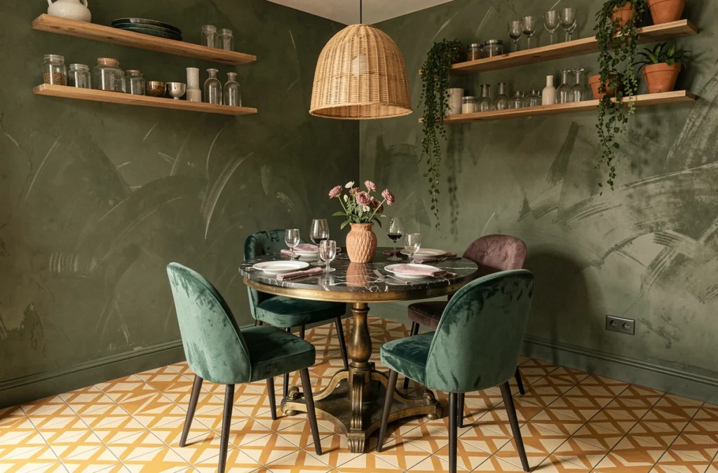 Salle à manger éclectique dans un appartement français avec table bistro en marbre, chaises en velours, murs vert olive et carreaux de ciment géométriques