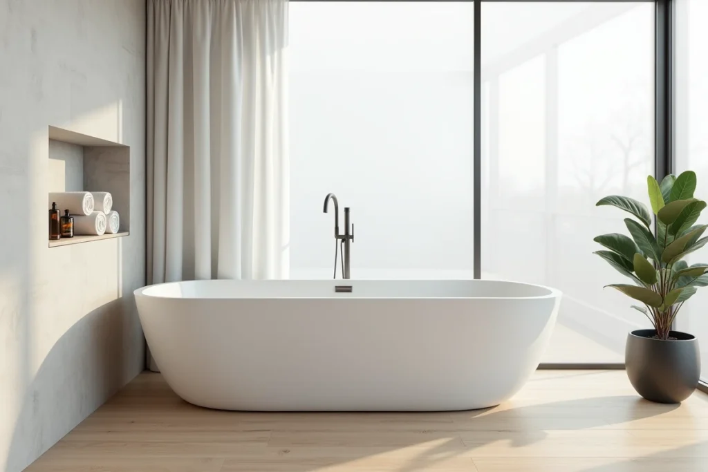 Salle de bains contemporaine spacieuse avec baignoire balnéo rectangulaire autoportante et fenêtre en verre dépoli