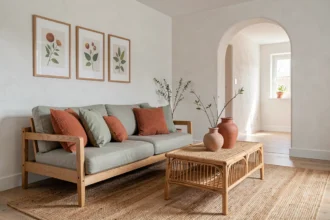 Salon scandinave décoré avec une palette de couleurs terracotta, vert sauge et lin naturel, mobilier en chêne et rotin, ambiance chaleureuse et épurée