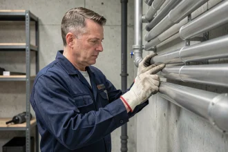 Technicien inspectant un tube en aluminium anodisé dans un atelier industriel moderne