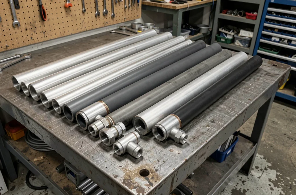 Tubes en aluminium anodisé avec raccords et connecteurs sur un établi industriel