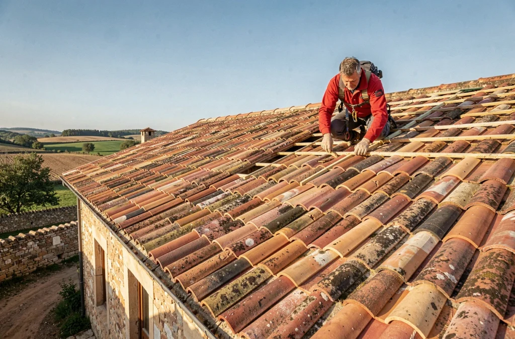 Couvreur d'ABC Couvertures posant des tuiles en terre cuite sur une ferme traditionnelle en Occitanie