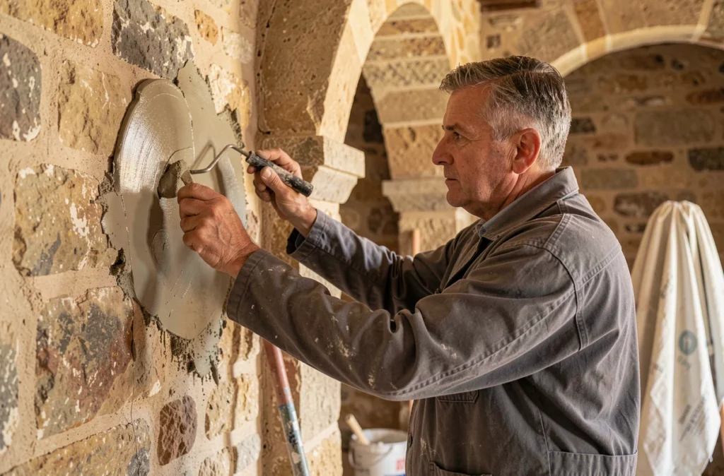 Artisan d'AFG Construction et Rénovation appliquant du plâtre sur un mur en pierre lors d'une rénovation en Occitanie