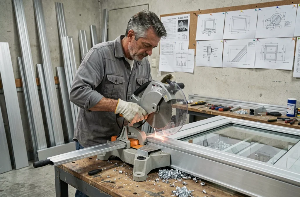 Artisan assemblant des profilés aluminium pour menuiseries dans l'atelier Alu Md Fermetures à Marseille