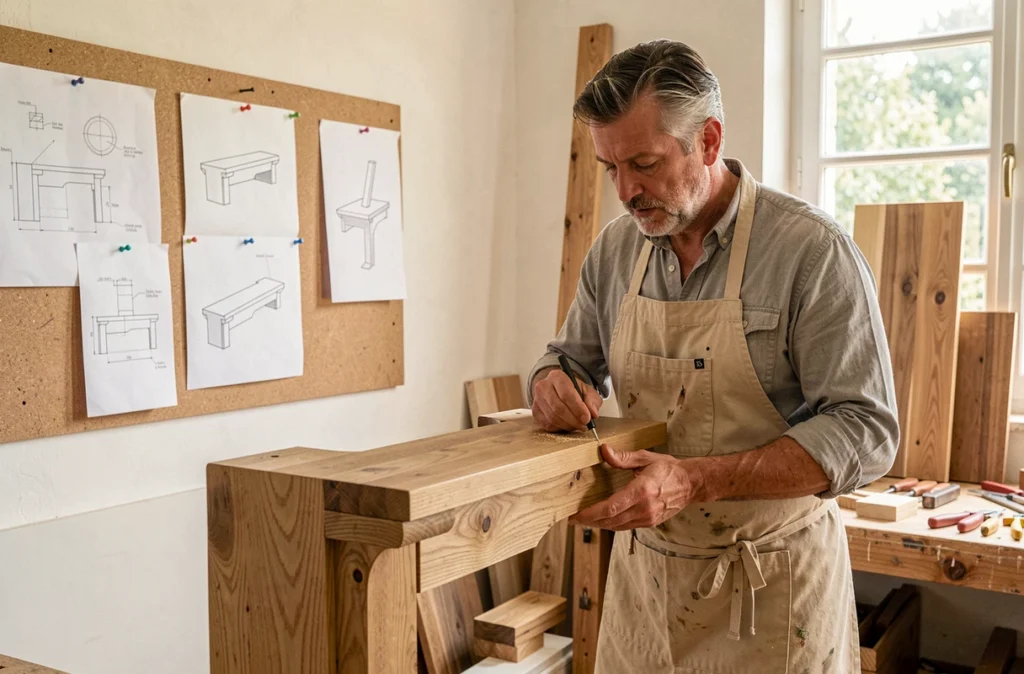 Artisan d'Ambiances Bois Concepts finissant un élément architectural en bois dans son atelier