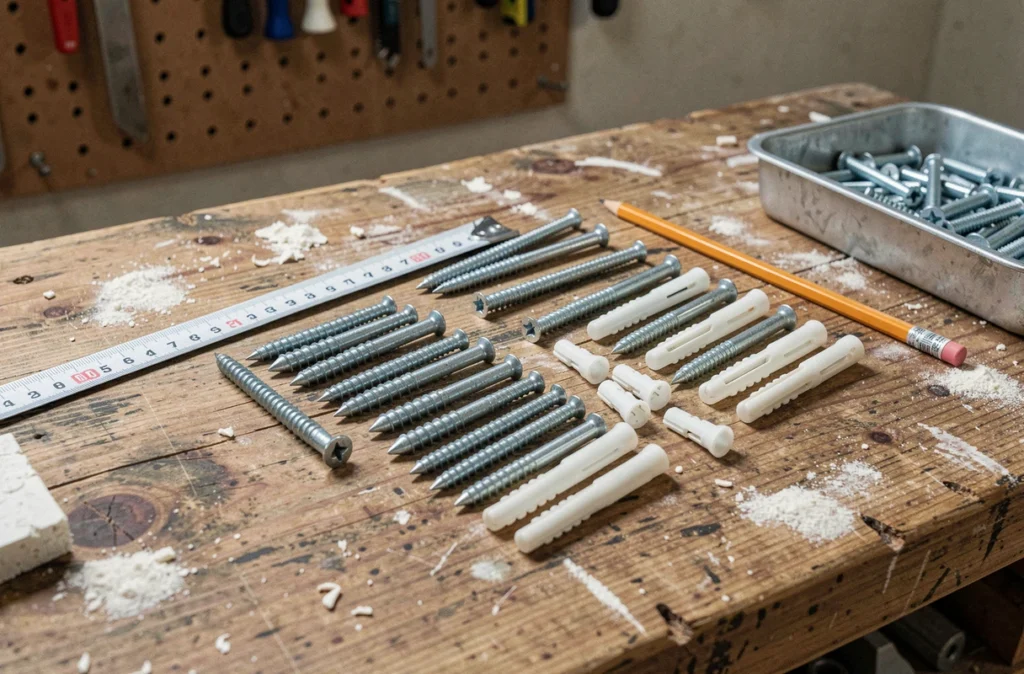 Assortiment de vis et chevilles pour placo posées sur un établi de bricolage