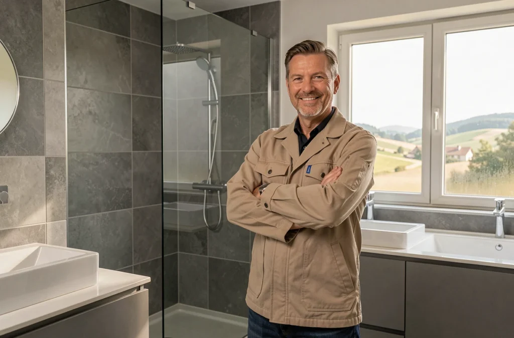 Entrepreneur Atout-Renov posant fièrement dans une salle de bain moderne entièrement rénovée