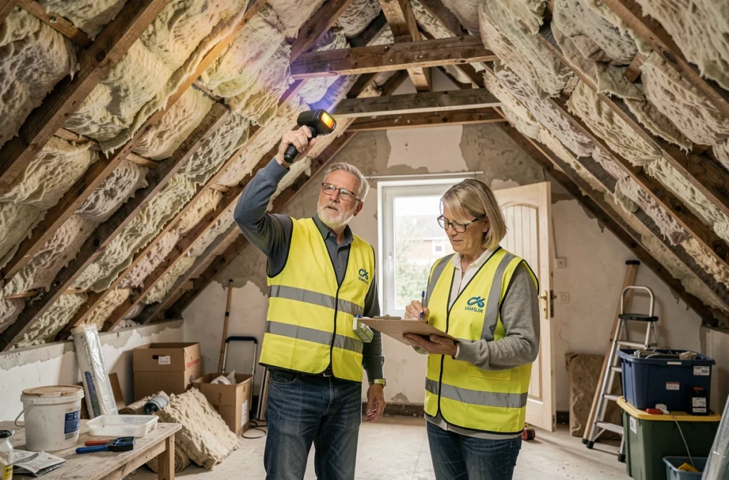 Deux experts en audit énergétique évaluant l'isolation d'un grenier dans une maison belge en rénovation