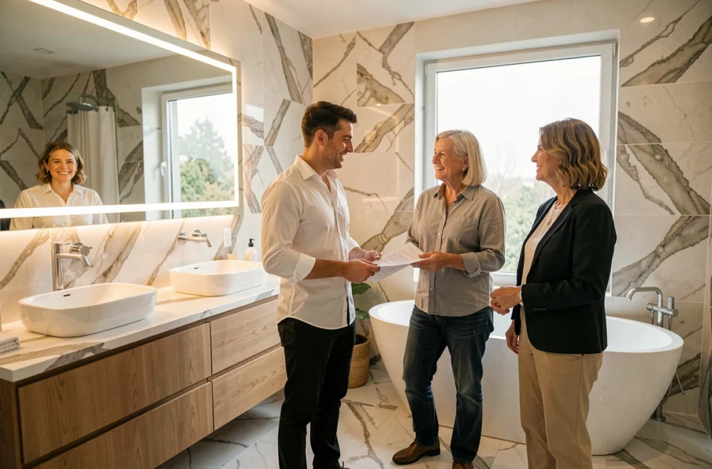Alexandre Wolf Sarl remettant un projet de salle de bain haut de gamme à un couple de clients satisfaits