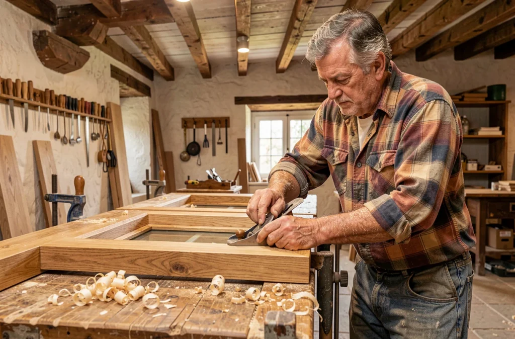 Charpentier artisan travaillant une menuiserie en bois massif dans son atelier marseillais pour Bier Alexandre Nicolas