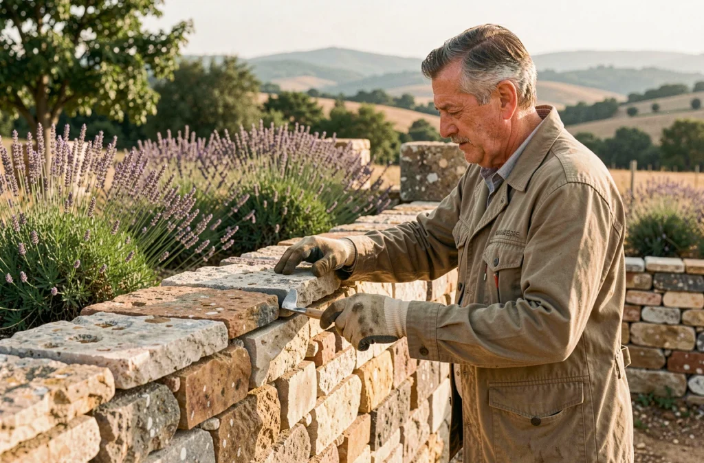 Artisan de Caujolle Construction inspectant un mur en pierre sèche dans un jardin rural d'Occitanie
