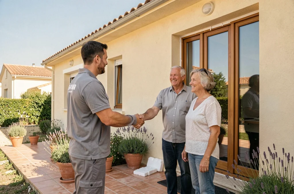 Technicien remettant une installation de fenêtres à des clients satisfaits à Marseille pour DMC Serre