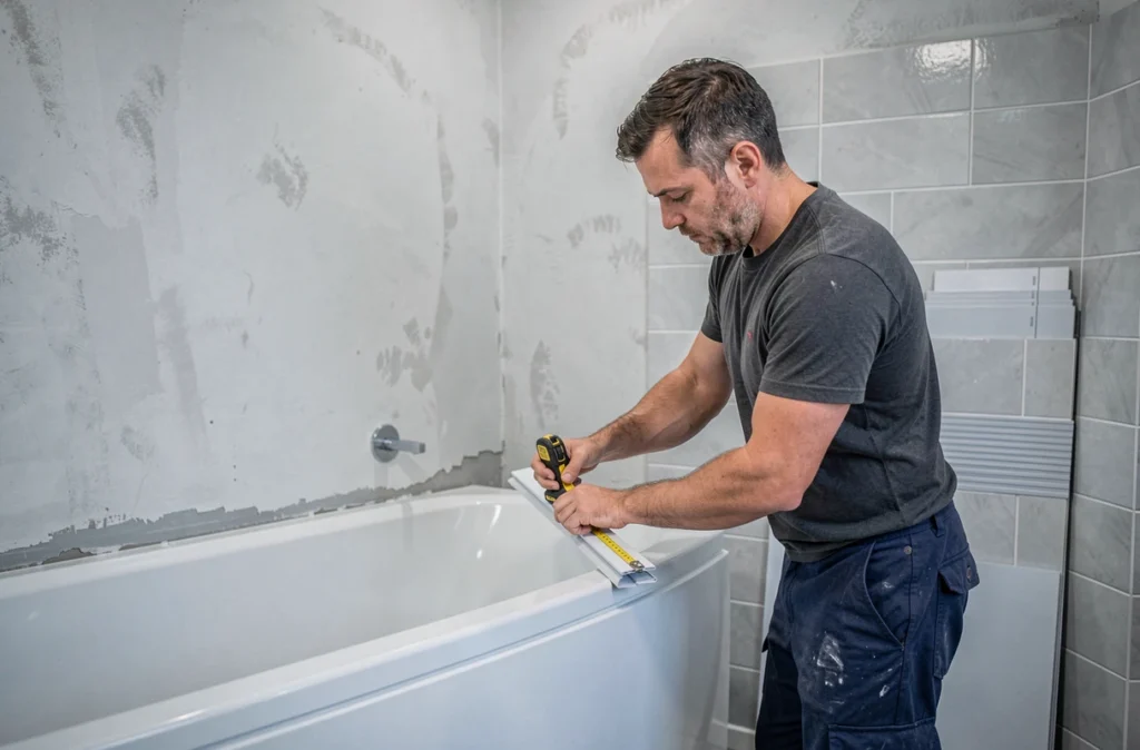 Ouvrier DP Rénovation mesurant et découpant un panneau de bardage PVC autour d'une baignoire neuve