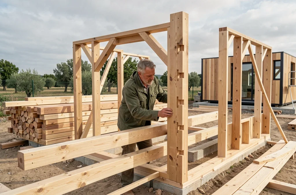 Artisan de Du Bâti au Bois assemblant des panneaux en bois sur un chantier d'éco-construction