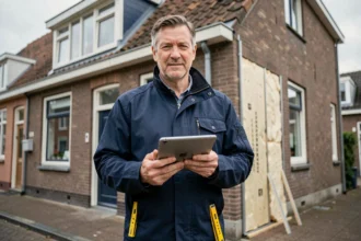 Entrepreneur en rénovation énergétique tenant une tablette devant une maison belge avec isolation de façade en cours