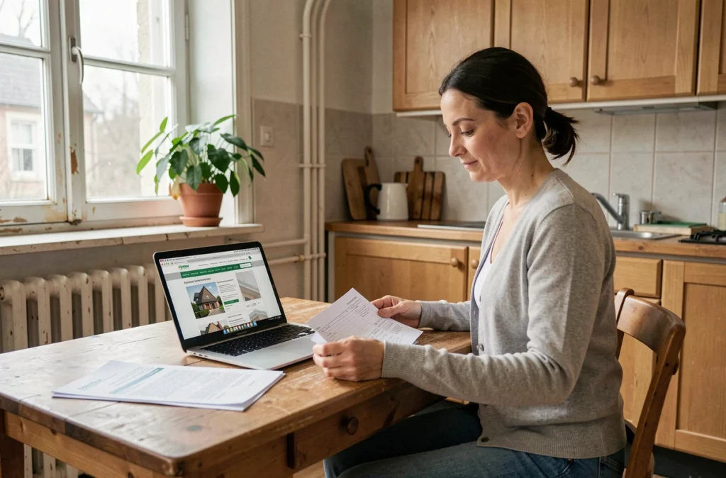 Femme consultant un devis de rénovation énergétique sur ordinateur portable dans une cuisine belge ancienne