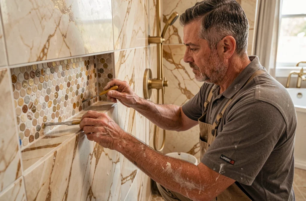Artisan carreleur Ganzitti appliquant des mosaïques autour d'une niche de douche dans une salle de bain haut de gamme