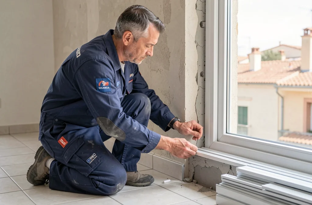 Technicien posant une fenêtre PVC et aluminium dans un appartement marseillais pour Grand Sud Fenêtres