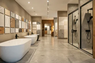 Showroom de salles de bain moderne dans le Grand Est avec baignoires, douches et carrelages exposés