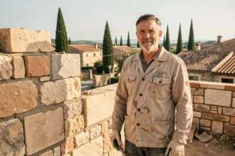 Maçon expérimenté devant un mur en pierre dans un village d'Occitanie, illustrant l'artisanat local du bâtiment
