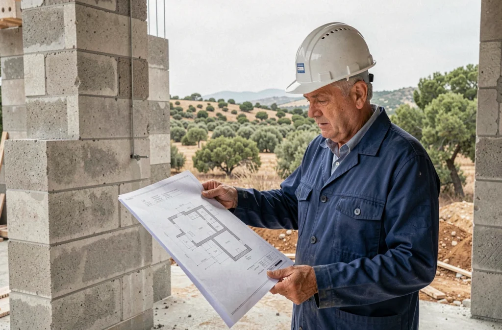 Chef de chantier de Midi Bâtiment Hérault consultant des plans sur un site de construction dans l'Hérault
