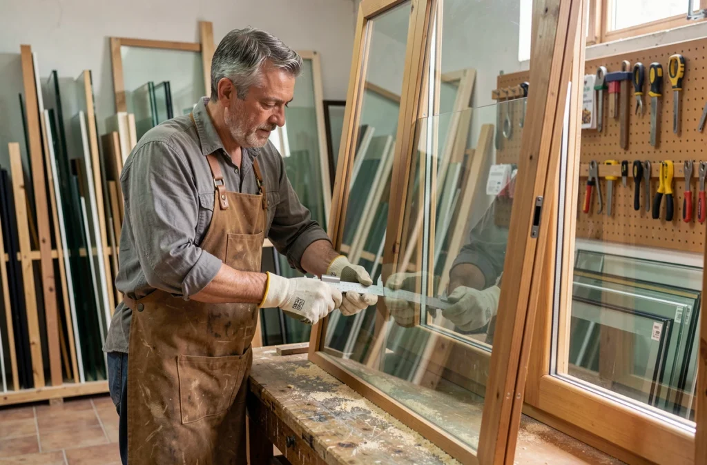 Vitrier ajustant une vitre sur mesure dans l'atelier de menuiserie Miroiterie Menuiserie Reynaud à Marseille