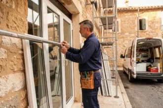 Poseur de fenêtres professionnel mesurant un cadre de fenêtre sur une façade provençale à Marseille