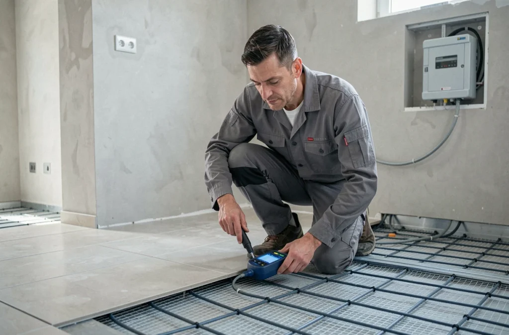 Spécialiste Proxi Energies Est inspectant un système de chauffage par le sol dans une salle de bain en rénovation