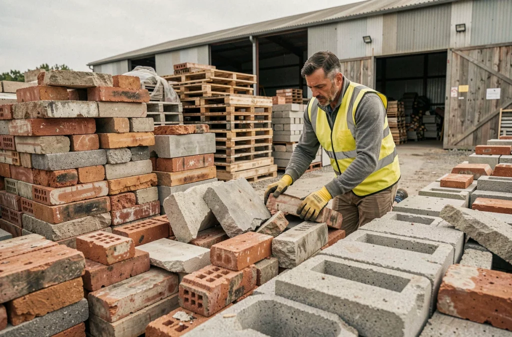 Ouvrier de Recyclo'Bat triant des matériaux de construction récupérés sur un chantier de déconstruction