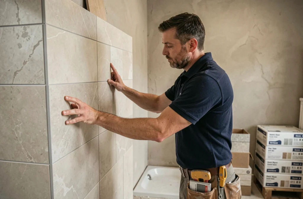 Artisan poseur de carrelage RH Renovation installant des carreaux dans une salle de bain rénovée