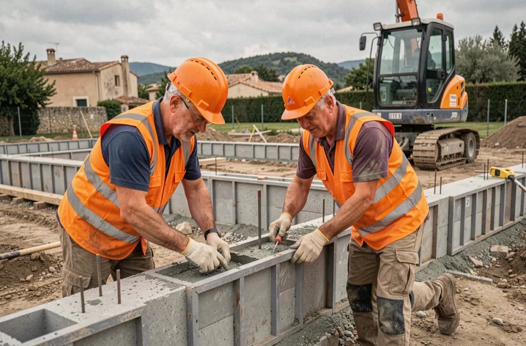Deux maçons de la SARL CRC travaillant ensemble sur les fondations d'un chantier résidentiel