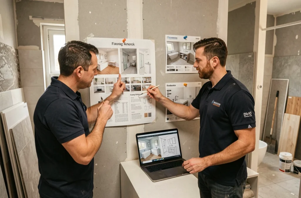 Équipe Spedi Concepts collaborant sur un projet de conception de salle de bain avec échantillons et plans