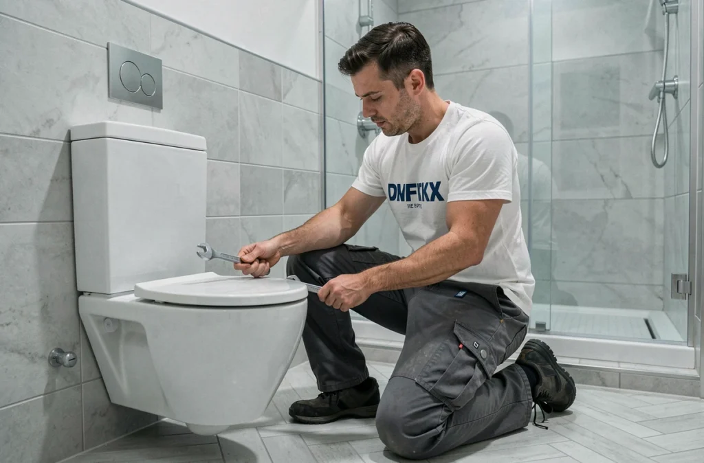 Plombier Vent D'Est fixant une connexion de toilette dans une salle de bain moderne fraîchement carrelée