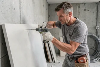 Artisan vissant une vis à placo dans un panneau de plâtre sur un chantier de rénovation intérieure