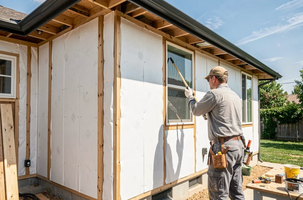 Façade d'une maison en cours d'isolation par l'extérieur