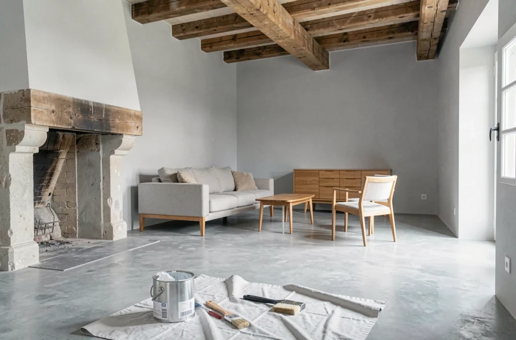 Intérieur rénové d'une maison ancienne française avec murs peints en blanc mat, poutres apparentes et mobilier moderne minimaliste