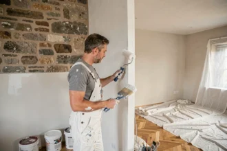 Peintre professionnel appliquant de la peinture blanche sur un mur intérieur lors d'une rénovation de maison ancienne transformée en style moderne