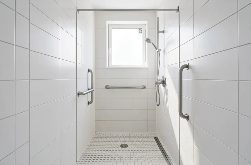 Salle de bains adaptée avec douche de plain-pied et barre d'appui